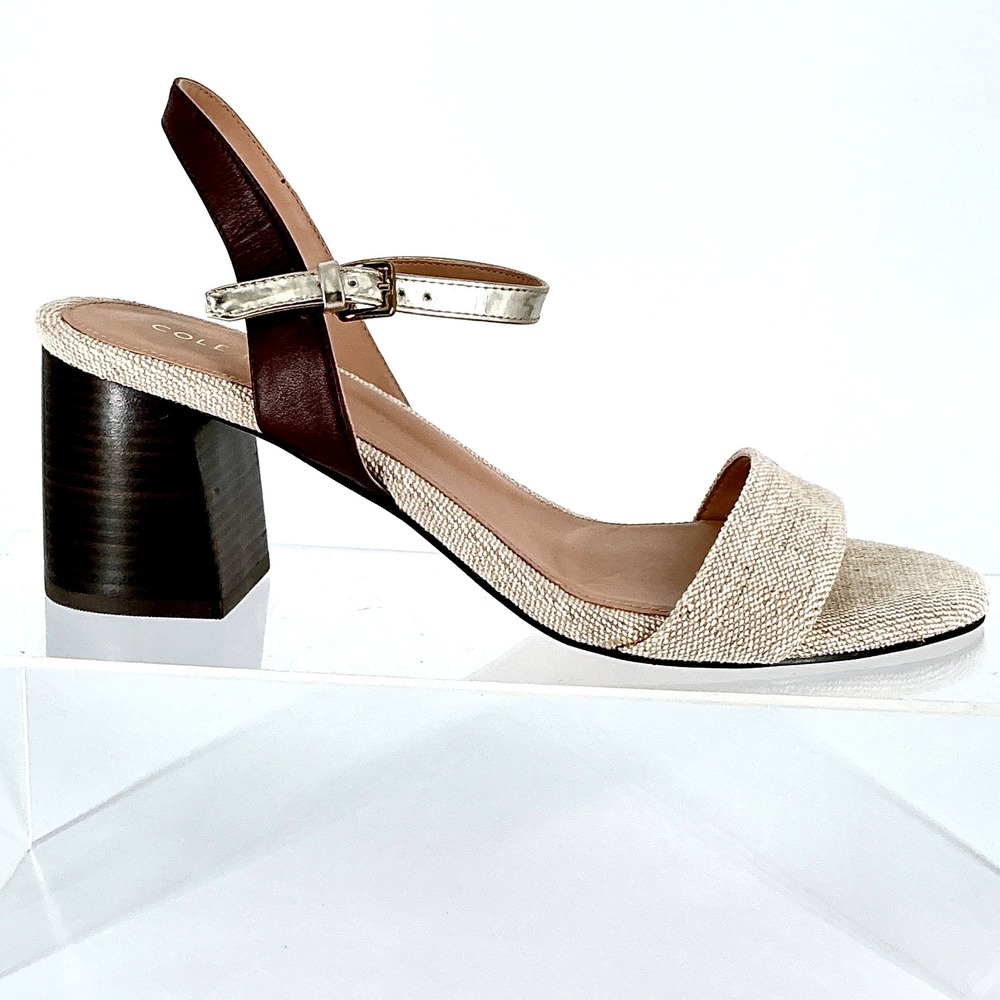 Cole Haan Size 8 Grand 360 Block Heel Sandals Canvas Leather Gold Brown Josie